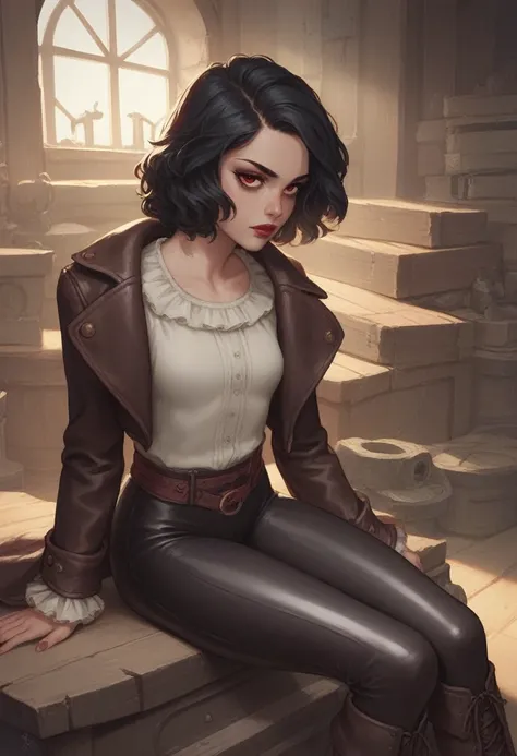 1 Vampire Girl, long, Wavy black hair, red eye, thin red lips, round face, perfect small breasts, wearing a dark leather jacket, dark leather tight pants, Pirate style boots, sitting on a coffin in the basement of an abandoned house