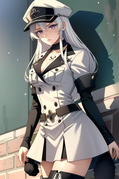 (masterpiece, best quality),  intricate details,
1girl,  edelgard, white hair, purple eyes, hat, peaked cap, military, uniform, military uniform, choker, thighhighs, boots, thigh boots, white footwear, chest tattoo, 
