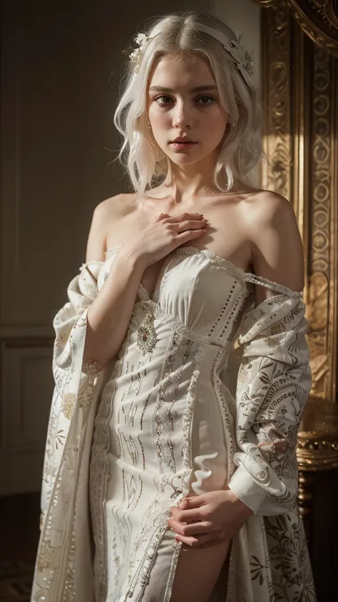 A stunning portrait of white hair girl keep in hands a big white mouse, artistic femme by Anton Belovodchenko, reminiscent of the works of Gustav Klimt and Egon Schiele. The girl is adorned unique clothes, her eyes full of emotion and intensity. She wears ...