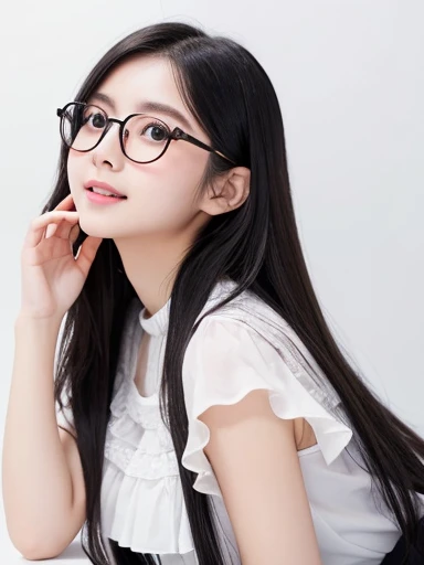 20-year-old women、Japanese、Beauty、White ruffled blouse、White Background、Beautiful breasts、Natural Whitening, long hair、Black Hair、Black-rimmed glasses、