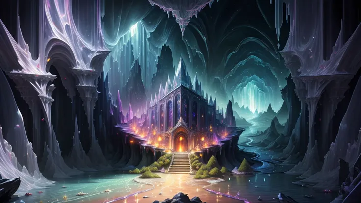 Very high resolution, masterpiece, (super high quality), Highly detailed illustration, Digital Art, Digital Painting, Bright colors, Scenic, Realistic, Amazing Black Crystal Palace, A hallway made of black crystal, Hidden deep in the cave, A rainbow-colore...