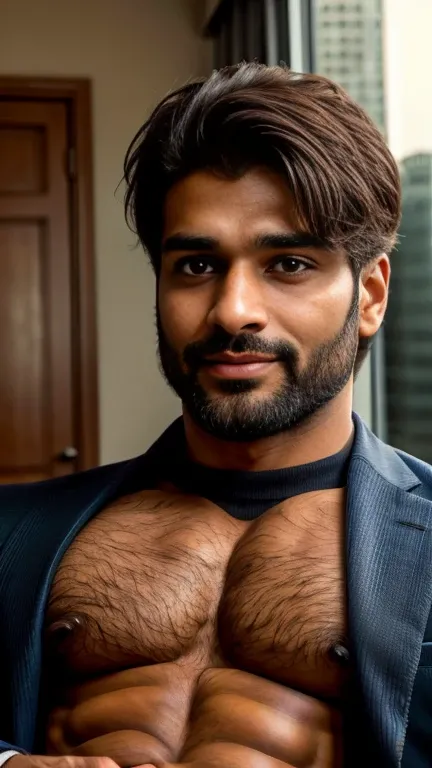 masterpiece, best quality, high resolution, closeup portrait, male focus, half body focus, A indian man, 30 years old, with business suit, formal shoes and socks, brown hair, messy hairstyle, cute and seductive face, big chest, facial hair, roman nose, ver...