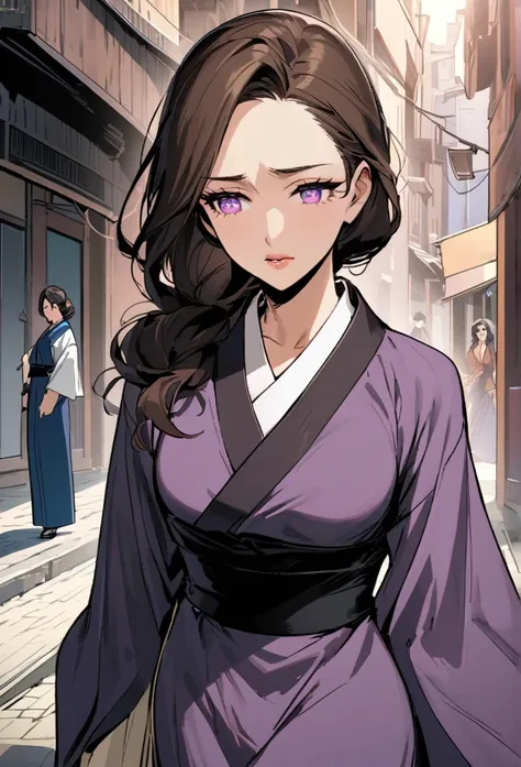 In manhwa style a young adult japanese  woman 30s. Her hair is long and brown color. Her face is sad Her skin is radiant and clear, and her lips is pink. violet color eyes are captivating and beautiful. She is wearing a  blue long-dress, and walking in the...