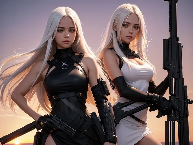 The character is a girl with long straight white hair and brown eyes. She is wearing a black bodycon dress she has a serious expression on her face, she is holding a golden ak47. The background features a pink sunset. 