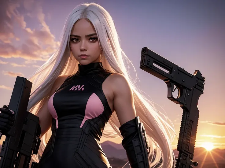 The character is a girl with long straight white hair and brown eyes. She is wearing a black bodycon dress she has a serious expression on her face, she is holding a golden ak47. The background features a pink sunset. 