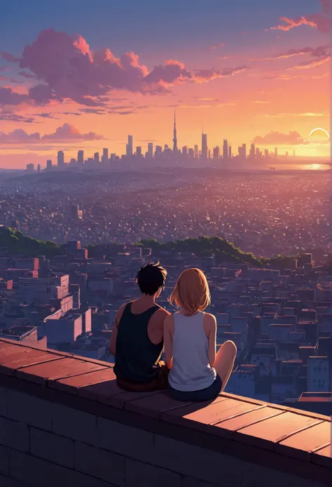 Couple looking at the city from a hill, Tank top,Digital Art by Alena Aenami, tumbler, Digital Art, Lo-fi art style, 4KAnime Wallpaper, Sit on the roof, Anime Wallpaper4k, Anime Wallpaper 4k, Anime Aesthetics, anime art wallpaper 4k, Lo-fi feeling, anime a...