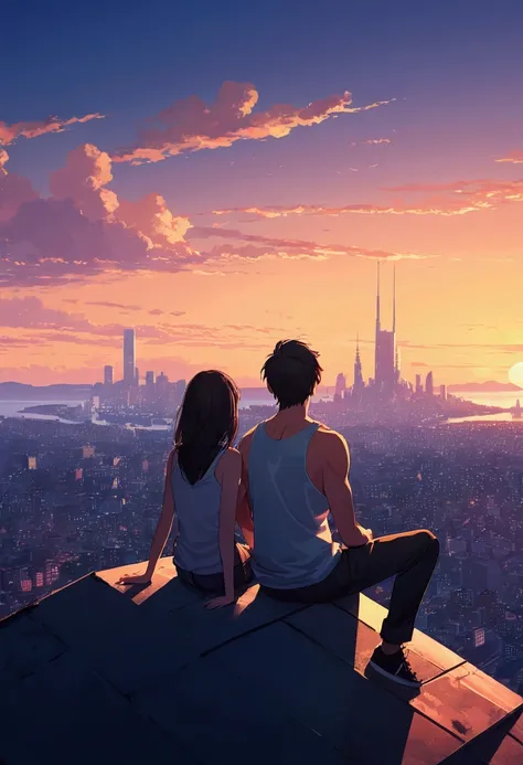 Couple looking at the city from a hill, Tank top,Digital Art by Alena Aenami, tumbler, Digital Art, Lo-fi art style, 4KAnime Wallpaper, Sit on the roof, Anime Wallpaper4k, Anime Wallpaper 4k, Anime Aesthetics, anime art wallpaper 4k, Lo-fi feeling, anime a...