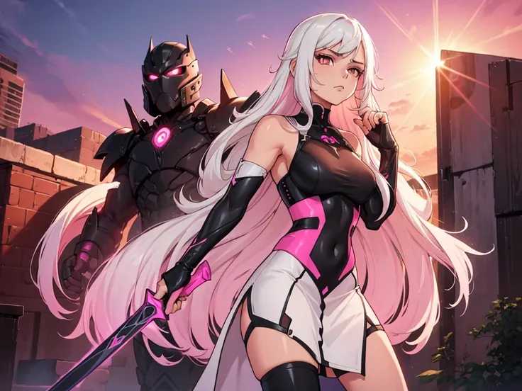 The character is one girl with long straight white hair and brown eyes. She is wearing a black bodycon dress with pink she has a serious expression on her face, she is holding a sword. The background features a pink sunset. 