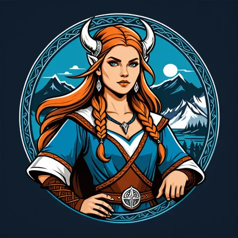 female	mage	in viking folk outfit	,vector graphics, strong contours, logo design																						