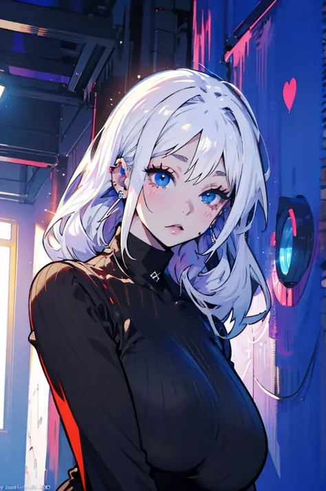 (masterpiece, best quality, ultra-detailed, best shadow), (beautiful detailed face:1.3), illustration, 1girl, solo, shiny, reflective, white hair woman with piercings and piercings, only white clothing, white latex, white reflective latex bodysuit, goth gi...