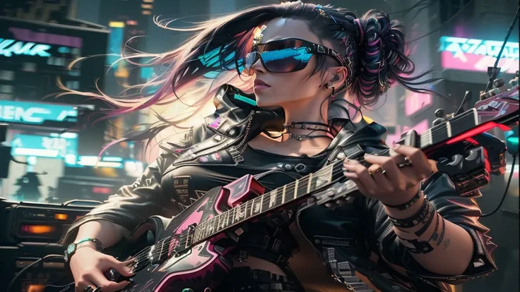 A woman wearing sunglasses is playing the guitar in the street, Cyberpunk atmospheres, Cyberpunk atmosphere, hyper-realistic Cyberpunk Style, Cyberpunk art style, in Cyberpunk Style, Cyberpunk beautiful girl, Cyberpunk 20. Model Girl, Cyberpunk Style ， Sur...