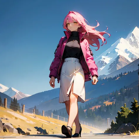 1female, Pink Hair, Yellow Turtleneck, Straight Hair, White Skirt, Heels, Amber Eyes, Calm Expression, Tall, Adult Female, Mountain, Walking along a Trail