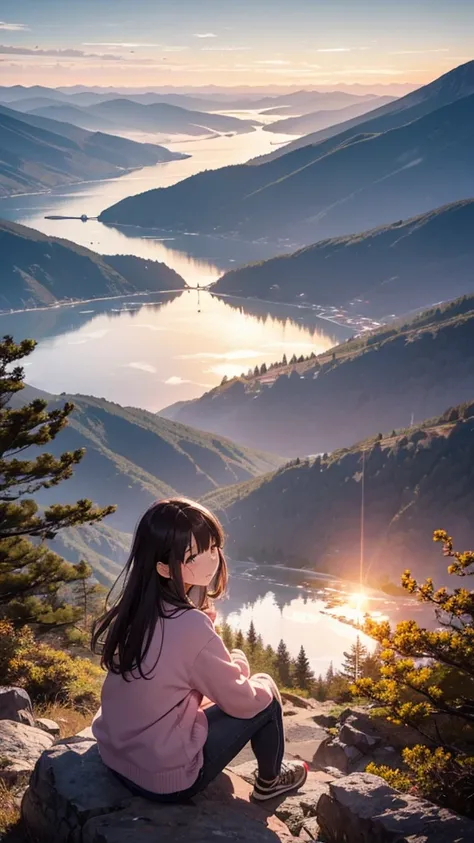 夕暮れ時の美しいMountainの風景, A 25-year-old woman sitting on a rock, Facing the sky. She has a thoughtful look, Tears running down her cheeks. the scene is calm, Gentle breezes and soft colors. Mountain々is majestic, Mountain頂には雪が残っている. The sky is a warm orange, pin...