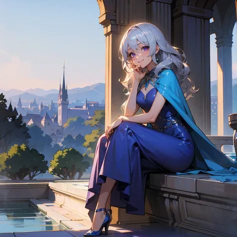 1female, Silver Hair, Blue Evening Gown, Wavy Hair, Silver Shawl, High Heels, Purple Eyes, Smiling, Slender, Adult Female, Castle, Sitting by a Fountain