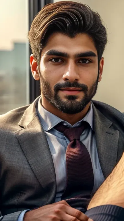 masterpiece, best quality, high resolution, closeup portrait, male focus, half body focus, A indian boy, 20 years old, with business suit, formal shoes and socks, brown hair, messy hairstyle, cute and seductive face, big chest, facial hair, roman nose, ver...