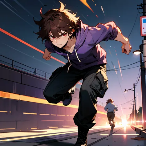 1male, Brown Hair, Purple Hoodie, Messy Hair, Black Cargo Pants, Combat Boots, Red Eyes, Serious Expression, Average Build, Adult Male, City, Running down a Street