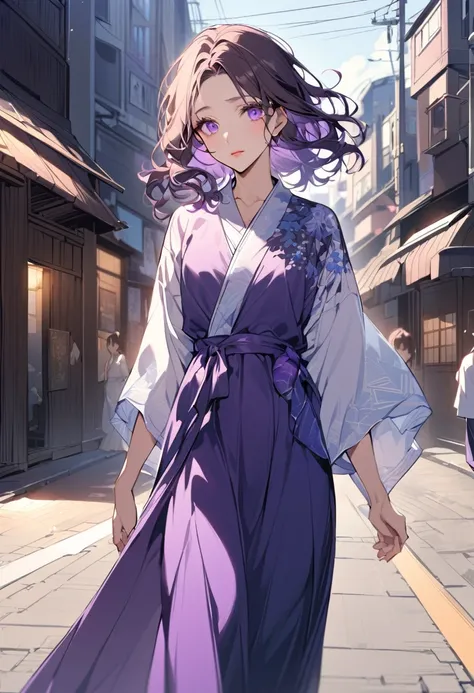 a young adult japanese  woman 30s. Her hair is long and brown color. Her face is sad Her skin is radiant and clear, and her lips is pink. violet color eyes are captivating and beautiful. She is wearing a blue long-dress, and walking in the street Japan. 

