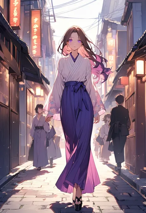 a young adult japanese  woman 30s. Her hair is long and brown color. Her face is sad Her skin is radiant and clear, and her lips is pink. violet color eyes are captivating and beautiful. She is wearing a blue long-dress, and walking in the street Japan. 

