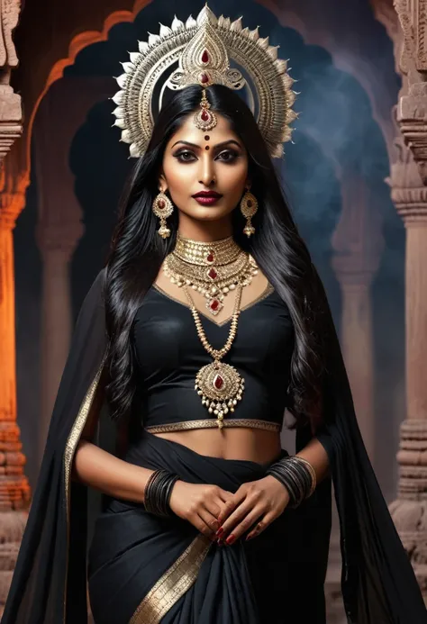 Realistic indian goddess in black outfit with full of domanting, grace and vampire aura