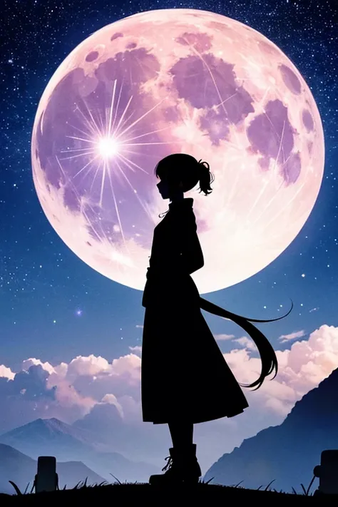 Highest quality,Big moon and shadow,A silhouette of a person can be seen against the backdrop of a large moon.,There is one full moon,There is a mood,Beautiful scenery,Starry Sky