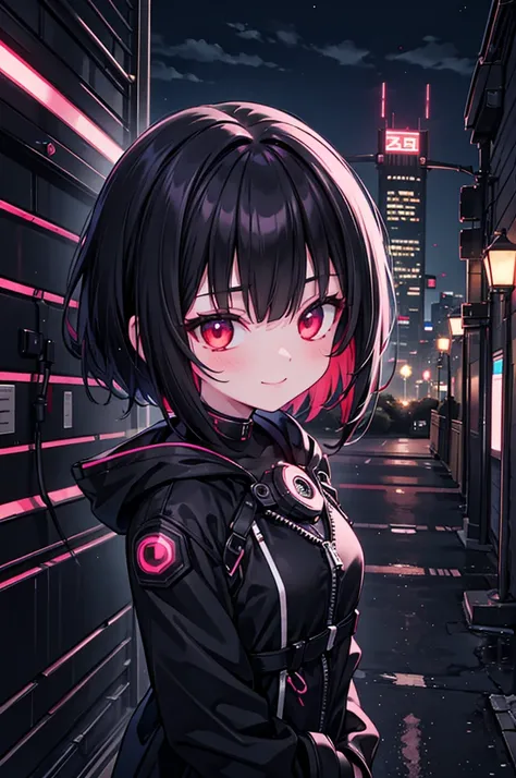 (masterpiece), cyber punk, city, night, Neon Light, city lights, One girl, Black hair, white base with red inner, short hair,Red Eye,hair ornaments,Around 16 years old,smile,