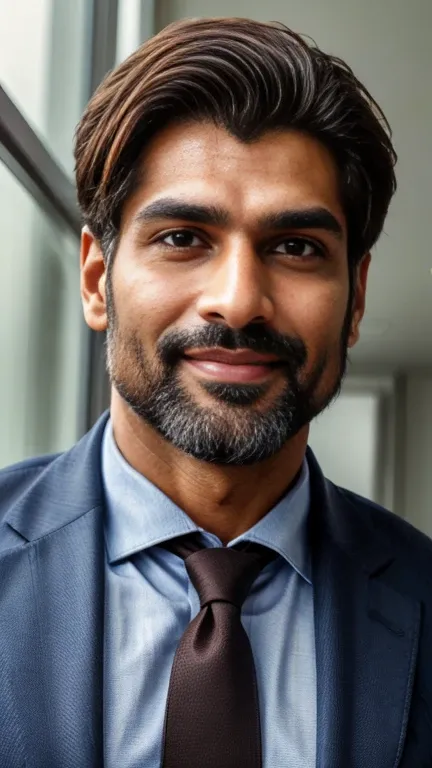 masterpiece, best quality, high resolution, closeup portrait, male focus, half body focus, A indian man, 40 years old, with business suit, formal shoes and socks, brown hair, messy hairstyle, cute and seductive face, big chest, facial hair, roman nose, ver...