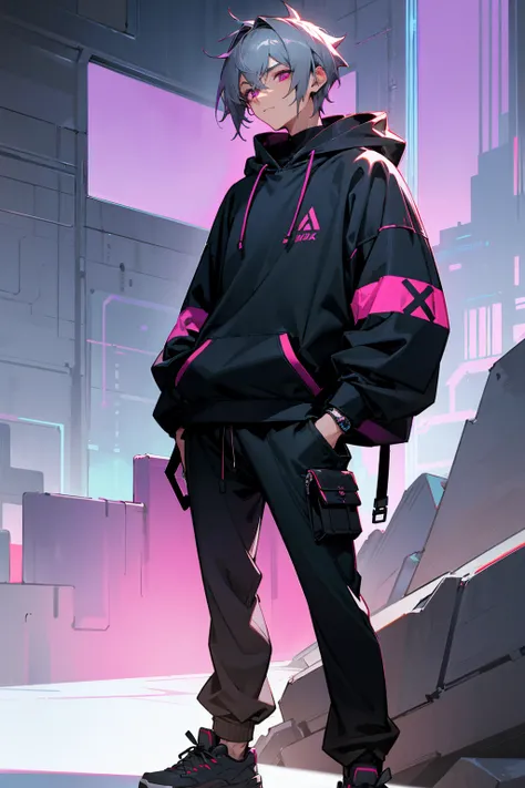 1male, ash gray hair, styled in an asymmetrical cut with one side longer, deep maroon eyes, contemplative expression, oversized indigo hoodie with futuristic, glowing trim, baggy black tapered joggers, white chunky sneakers, a high-tech wristband with a ho...