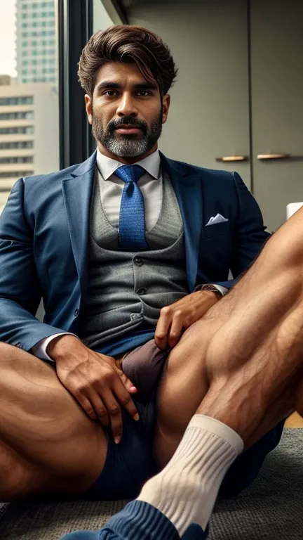 masterpiece, best quality, high resolution, little distance portrait, male focus, half body focus, A indian man, 40 years old, with business suit, formal shoes and socks, brown hair, messy hairstyle, cute and seductive face, big chest, facial hair, roman n...