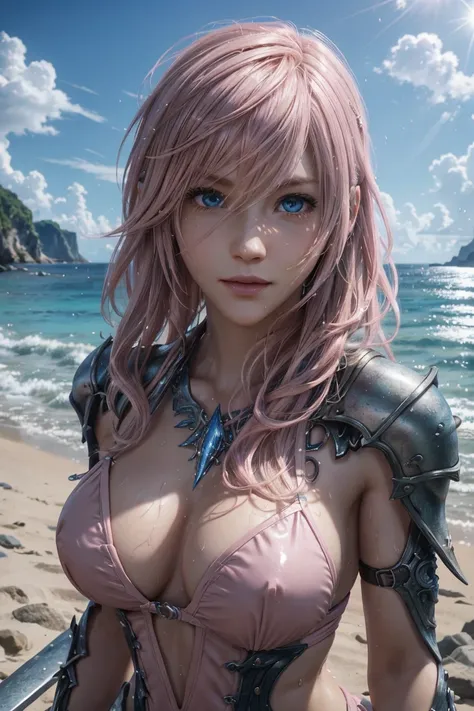 Lightning,Final Fantasy 13,Pink Blonde,Medium Hair,Light perm hair,Hair curled to one side,Let your bangs down,Beautiful Blue Eyes,Beautiful and high nose,Ultra HD,high quality,masterpiece,Digital SLR,Detailed explanation,Intricate details,Anatomical basis...