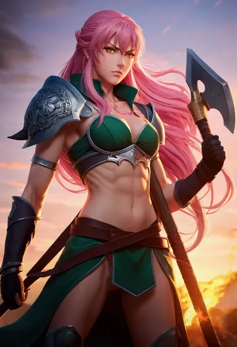 Anime girl long pink hair toned muscles attractive, intimidating look, with a long ax in his hand, standing on a plain at dawn, green eyes fire emblem style warrior costume