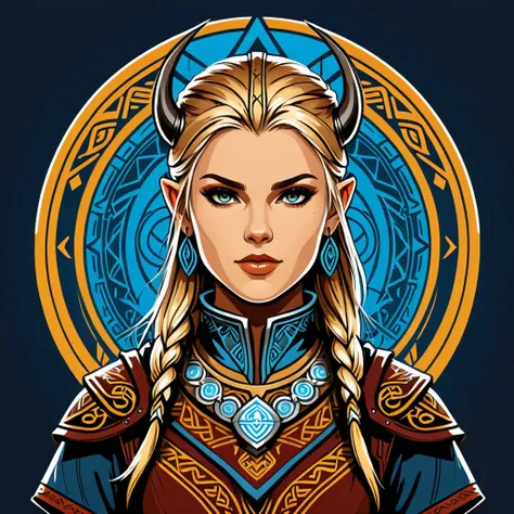 female	netrunner	in viking folk outfit	,vector graphics, strong contours, logo design																						