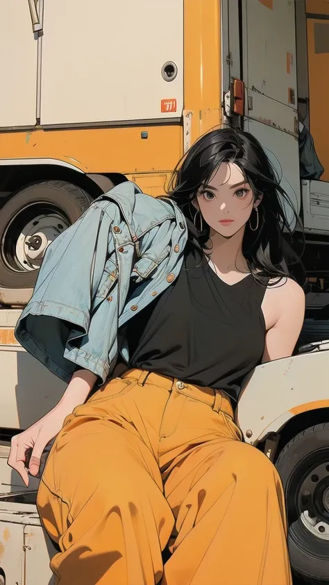 1girl, solo, long hair, looking at viewer, shirt, black hair, sitting, shoes, sleeveless, pants, medium hair, black eyes, black shirt, sleeveless shirt, ground vehicle, yellow pants, orange pants, washing machine