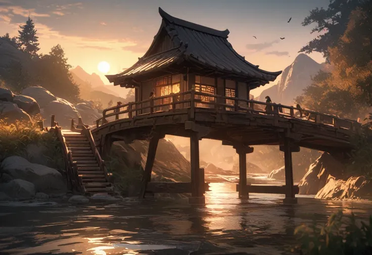 masterpiece, high quality, High resolution,8k, Chinese painting ,, 枯れたブドウのwood, old ((wood)), evening ((Crow)) Dont cry,, ((Small Bridge)), water flowing, (((Humble Dwelling))),   Cold wind blows westward ((Ancient Road)),, When the sun goes down, My heart...