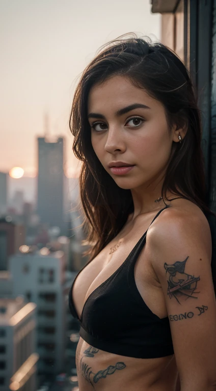 Tumblr-style urban photo shoot with a Canon EOS Mark V camera, - 80mm anamorphic lens, ISO 100, shutter-speed 1/1450s, Autofocus perfectly captures depth between photos, ultra clear image, Perfect contrast and color, sunset time, City with cyberpunk style ...