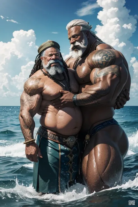 Hyperrealistic image of an African warrior fisherman hugging a Neptune superhero man with gray hair and very long hair very old and very sweaty bodybuilder over 80 years old.. very muscular and fat. He weighs more than 200 kilos with a naked torso, large f...