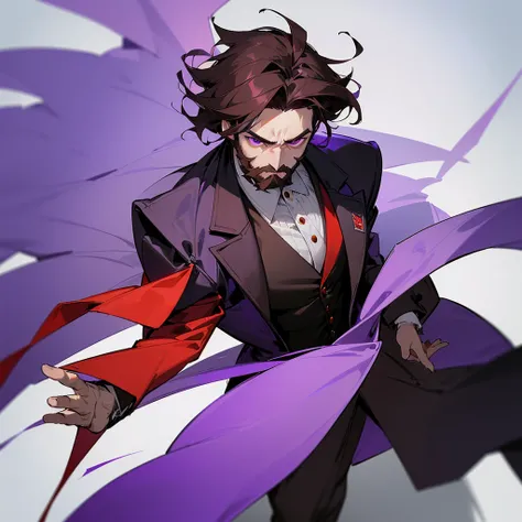 ((Male character seen from above 34 years old )), ((white-skinned man with dark circles and a serious look)), ((medium dark brown hair with purple tips combed back)), ((purple eyes and a full, full beard)), ((black overcoat with red dress vest underneath))...