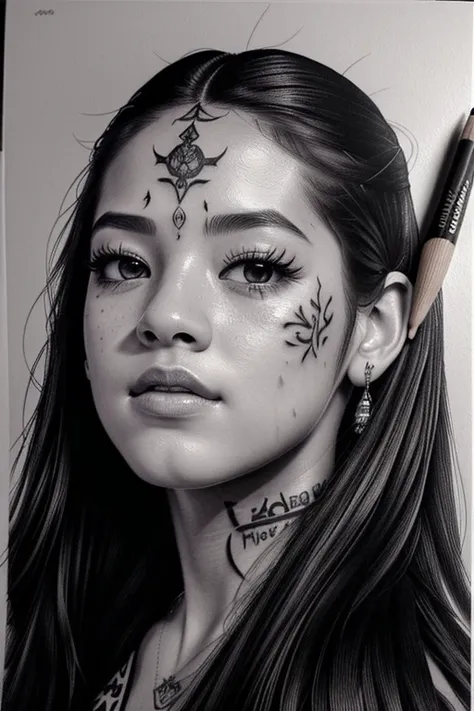 drawing of a woman with tattoos on her face and a lot of pencils, portrait jisoo blackpink, detailed drawing, highly detailed portrait, extremely detailed portrait, jisoo from blackpink, realism drawing, detailed fanart, fanart, black and white drawing, ve...