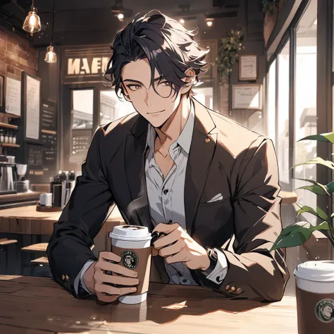  handsome man drinking coffee in a café