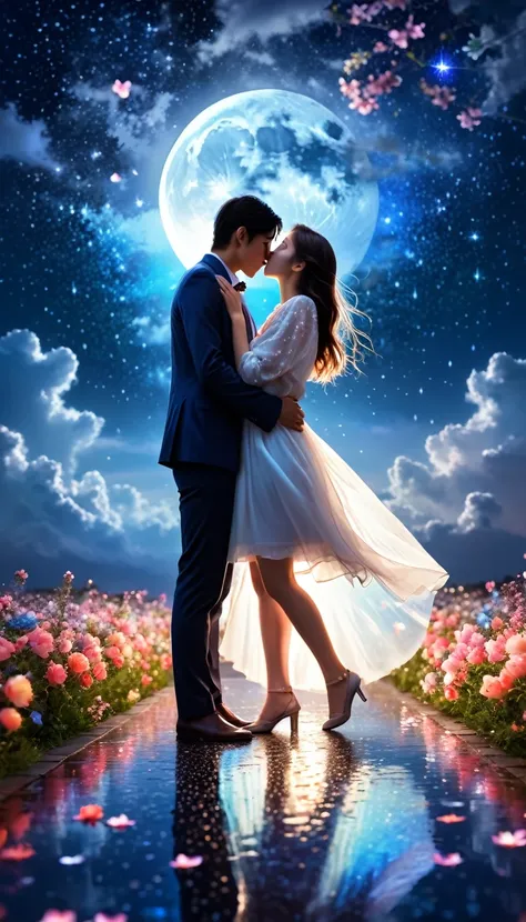 dream colors,masterpiece,detailed,starry sky background,cloud,light and shadow effectovie effects,colorful，（（couple）），embrace ea...