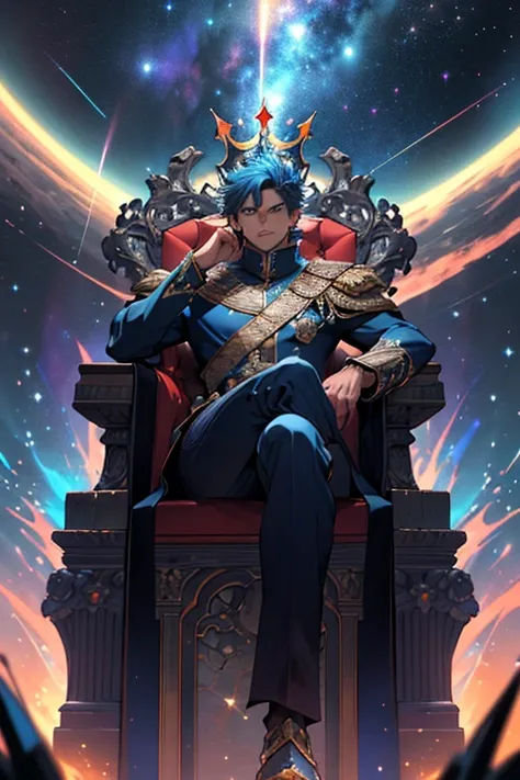 "A male figure of supreme power, the most dominant being across all multiverses, sitting on an elaborate throne. He is surrounded by a majestic background of swirling galaxies and cosmic phenomena. On his head rests an epic, intricate crown symbolizing his...