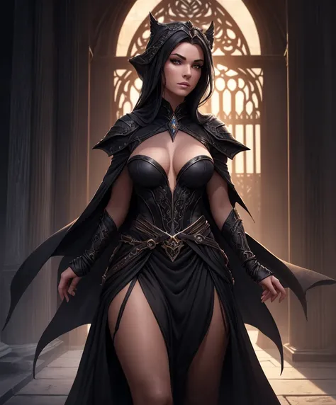 (((Solo focus.  1girl  Single character image.)))  Design a sexy female sorceress for a dark fantasy setting.  She dresses in black colors, appears powerful and is sultry and mysterious. masterpiece:1.3,madly detailed photo:1.2, hyper-realistic lifelike te...