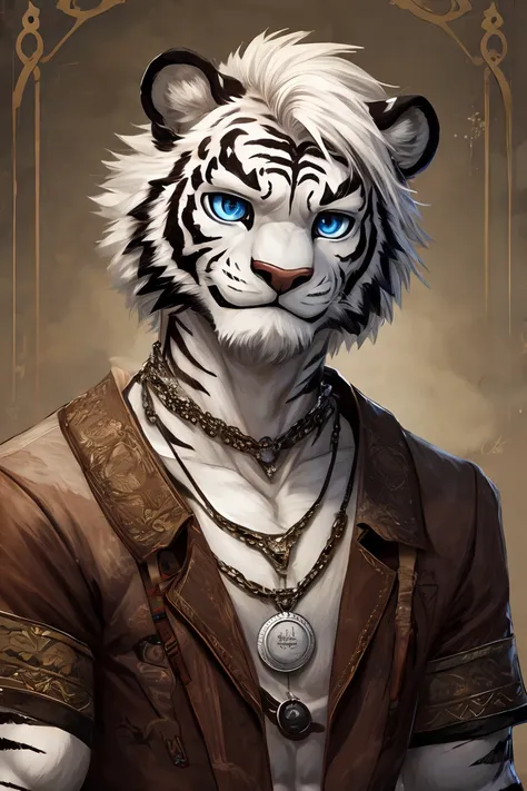 White fur,black strips,White Tiger,Blue pupils,medium height,Thin body type,White hair,Silver necklace,White Tiger Orc,short hair,Solid wood house background,male,Blue Eyes,Blue Eyes,Exquisite eyes,Holding silver pocket watch