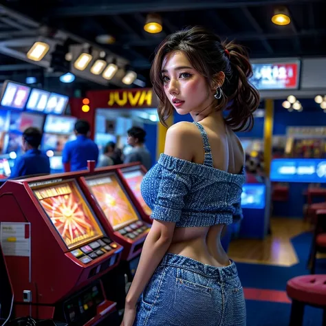 gameshow event girls in skinny costume, (((song joo a))) clearly visible the shape of butt, full of (game machine),(pleasure in ...