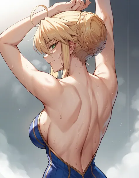 1 girl, Artoria Pendragon lancer (fate grand order), bare shoulders, bare back, arms up, sweats drop, very sweaty, looking back, looking at viewers, smiling, cowboy shot