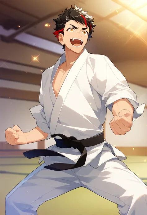 ((zPDXL)), score_9_up, score_8_up, score_7_up, score_6_up, score_5_up, score_4_up, best quality, amazing quality, best aesthetic, absurdres, year2023, NSFW, 1boy, male focus, game cg,  tetora nagumo, multicolored hair, black hair, yellow eyes eyes, dojo, t...