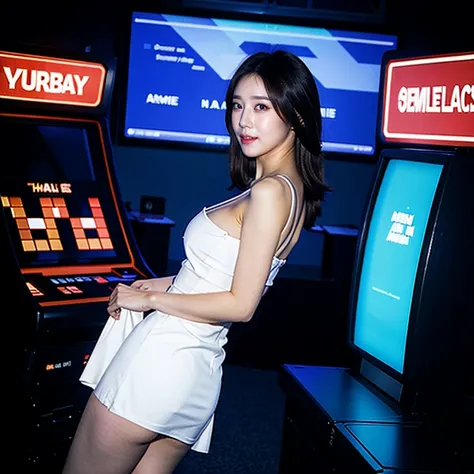 gameshow event girls in skinny tube-top dress, (extremelydetailed((song joo a))) clearly visible the shape of butt, full of (gam...