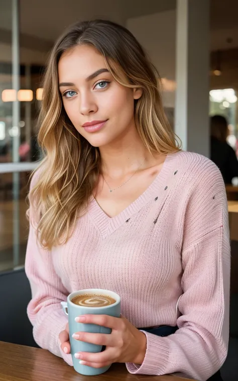 beautiful blonde wearing pink sweater (sipping coffee inside a modern café at sunset), very detailed, 21 years old, innocent face, natural wavy hair, blue eyes, high resolution, masterpiece, best quality, intricate details, highly detailed, sharp focus, de...