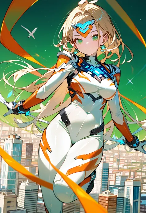 (best quality),female,sala,original,blonde hair ,green eyes,(((white bodysuit))),orange stripes clothes,ultragirl,city,giant gir...