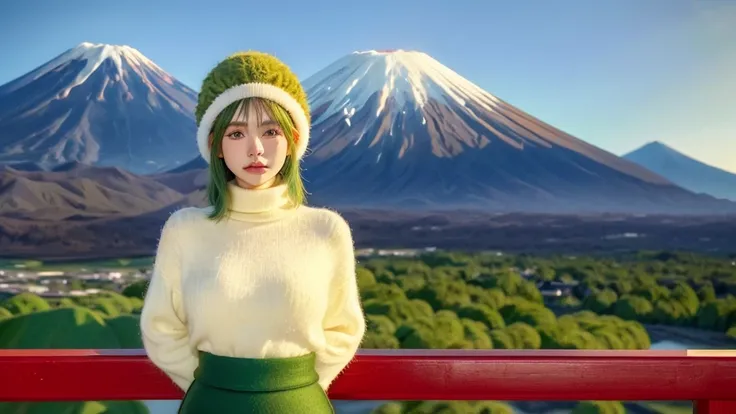 HDR, UHD,8K, face High Quality, nokiapretty, Turtleneck, long Skirt, (((Mt. Fuji background 8k))), (((wool hat))), Faux Bob hair, greenhair,