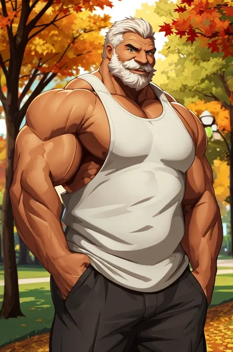 a muscular old man in park, tank top, happy, autumn, suits, vector, mwvector, bokeh, smile, (masterpiece:1.2),(best quality,8k),huge and muscular,thick arms,short hair,white hair,hand on pocket